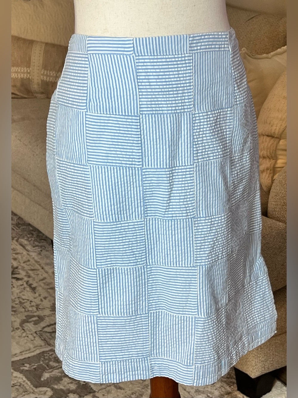 CAPE MADRAS Skirt Women Size 12 Blue White Madras Striped Patchwork Cotton